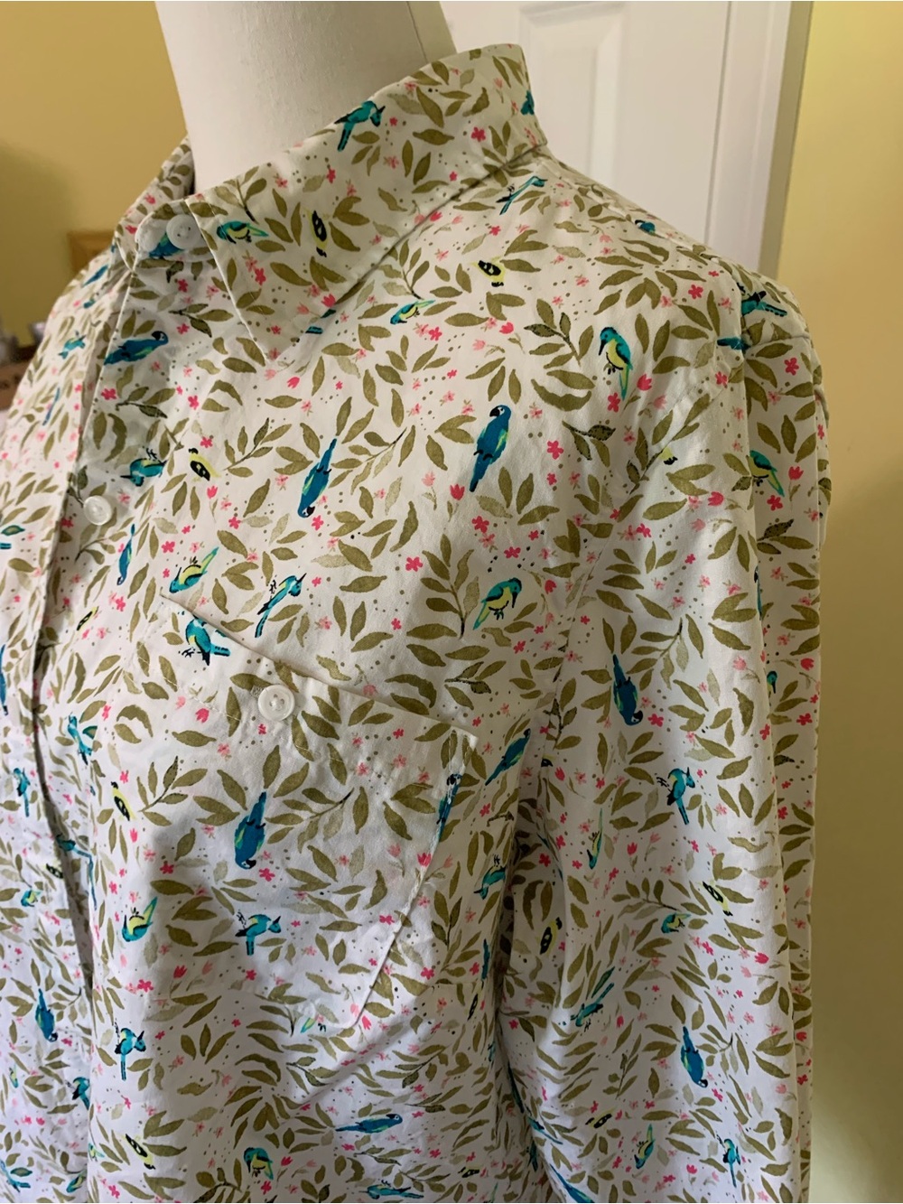 Cotton Blue Bird Print Button Blouse Floral Adjustable Button Tab Sleeve - Picture 3 of 9